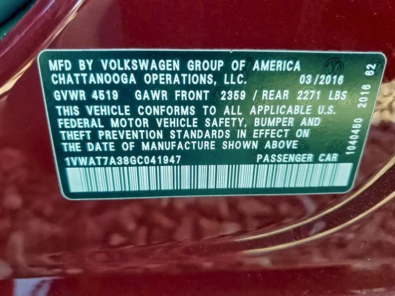 2016 VOLKSWAGEN PASSAT S  