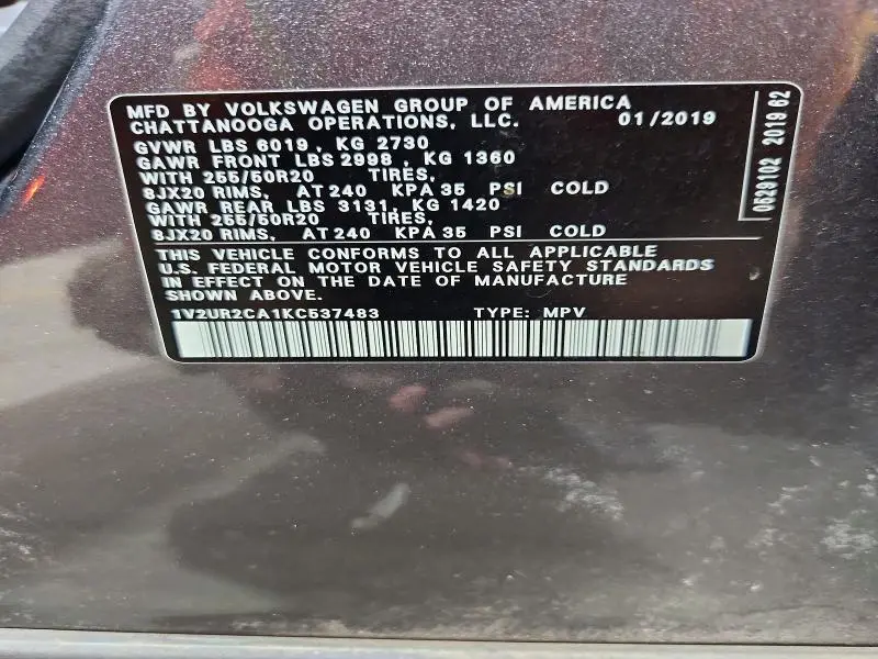 2019 VOLKSWAGEN ATLAS SE  