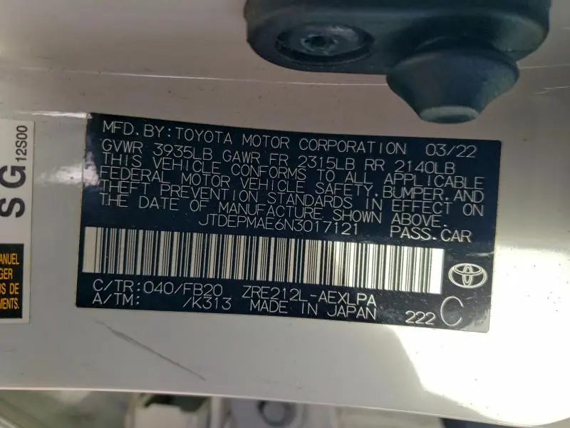 2022 TOYOTA COROLLA LE  