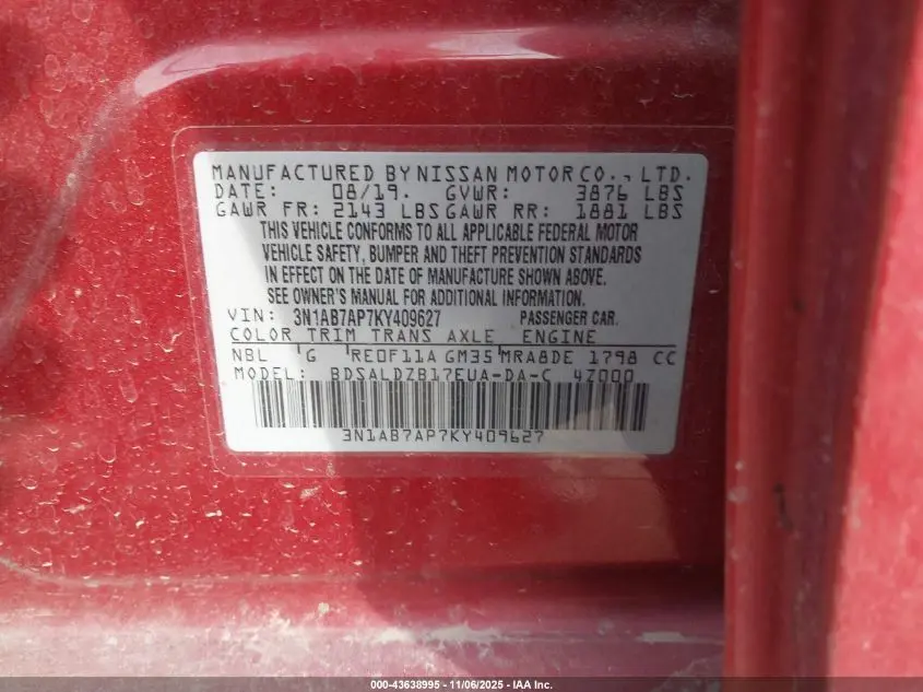 2019 NISSAN SENTRA SV