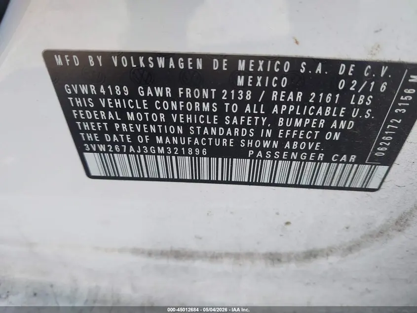 2016 VOLKSWAGEN JETTA 1.4T S