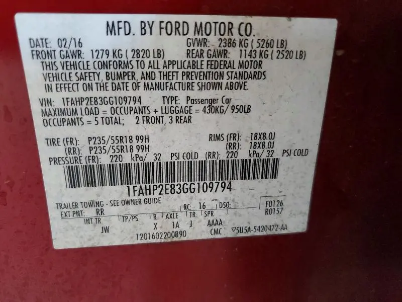 2016 FORD TAURUS SEL  
