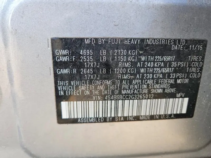 2016 SUBARU OUTBACK 2.5I PREMIUM  