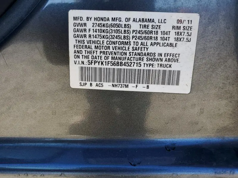 2011 HONDA RIDGELINE RTL  