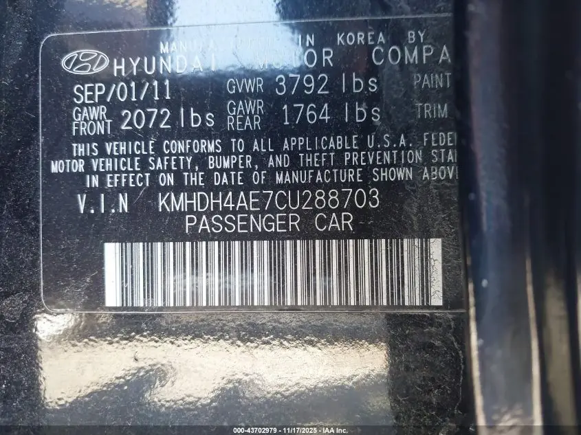 2012 HYUNDAI ELANTRA GLS (ULSAN PLANT)