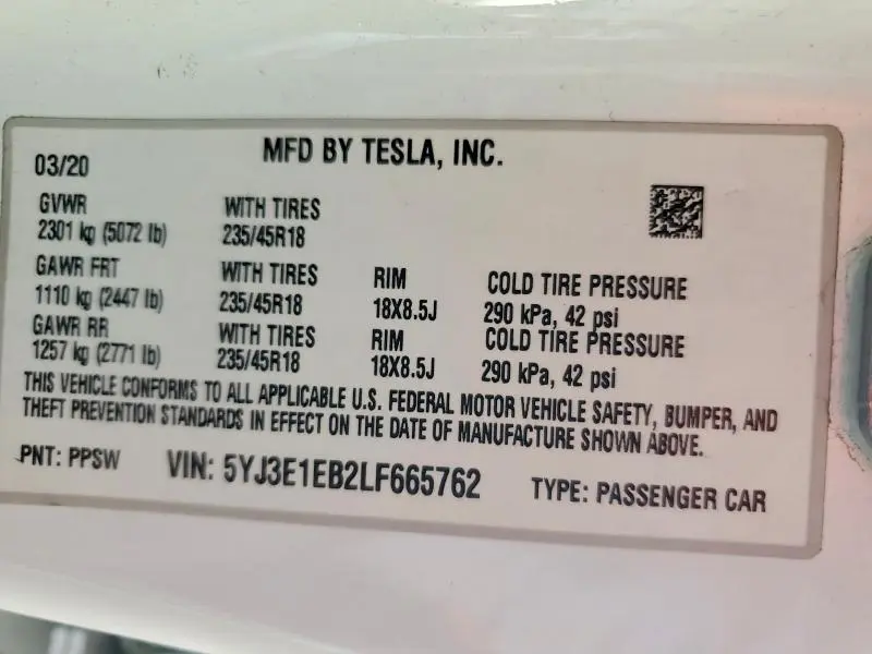2020 TESLA MODEL 3   