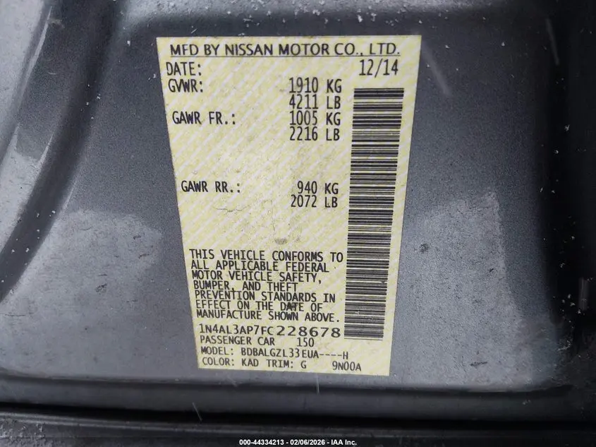 2015 NISSAN ALTIMA 2.5 S