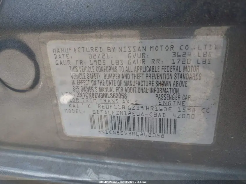 2021 NISSAN VERSA SV XTRONIC CVT