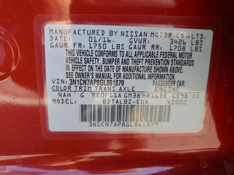 2016 NISSAN VERSA 1.6 SV  