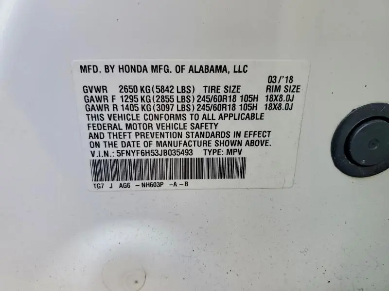 2018 HONDA PILOT EXL  