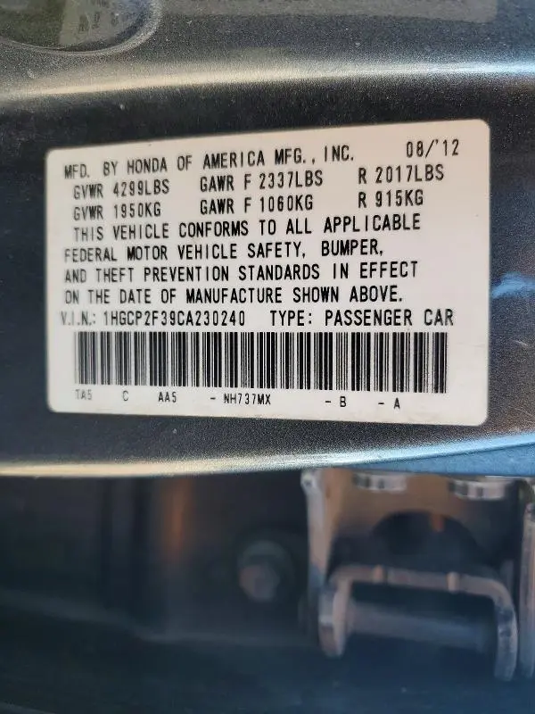 2012 HONDA ACCORD LX  