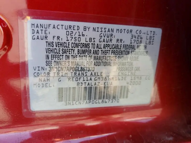 2016 NISSAN VERSA 1.6 S PLUS  