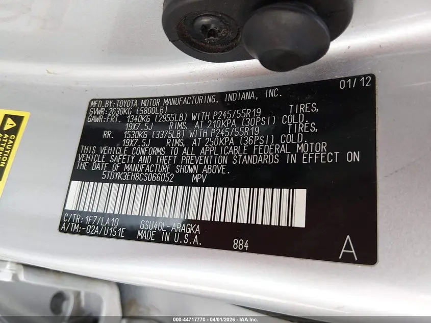 2012 TOYOTA HIGHLANDER LIMITED V6