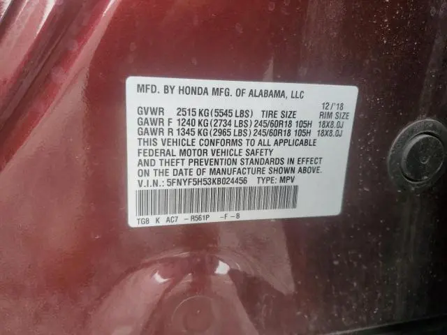 2019 HONDA PILOT EXL  