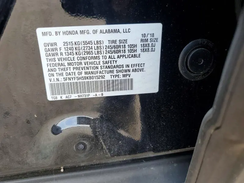 2019 HONDA PILOT EXL  