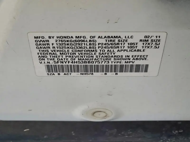 2011 HONDA PILOT EXL  