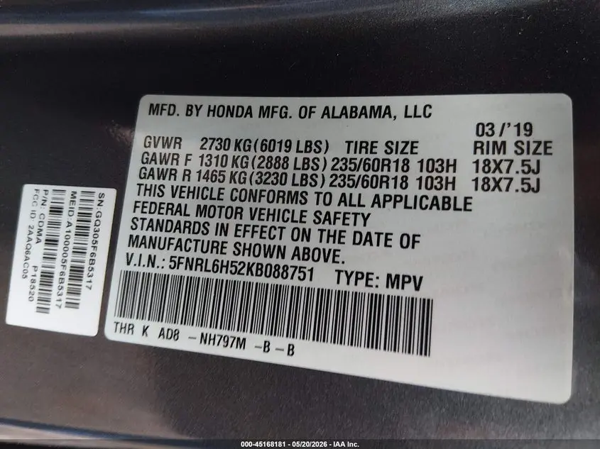 2019 HONDA ODYSSEY EX
