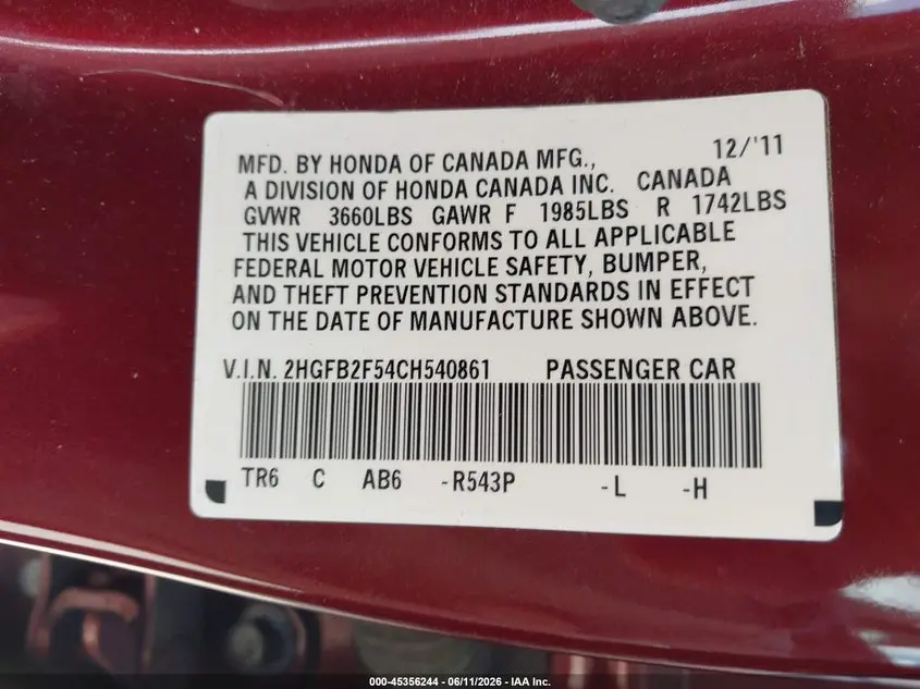 2012 HONDA CIVIC LX