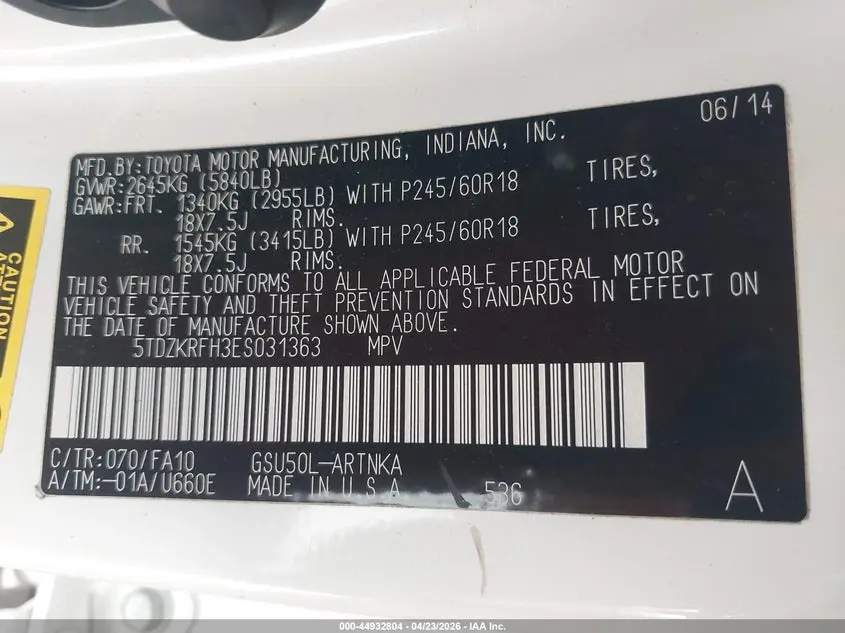 2014 TOYOTA HIGHLANDER LE PLUS V6