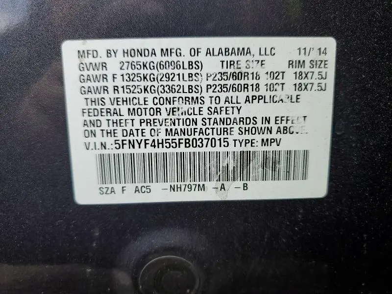 2015 HONDA PILOT EXL  