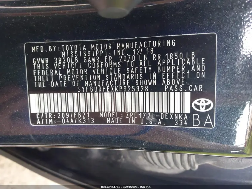 2019 TOYOTA COROLLA LE