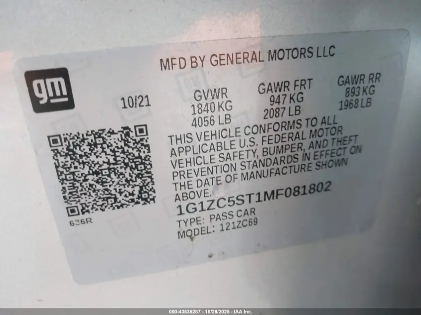 2021 CHEVROLET MALIBU FWD 1FL