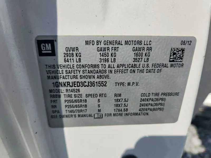 2012 CHEVROLET TRAVERSE LT  