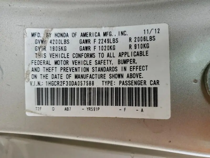 2013 HONDA ACCORD LX  