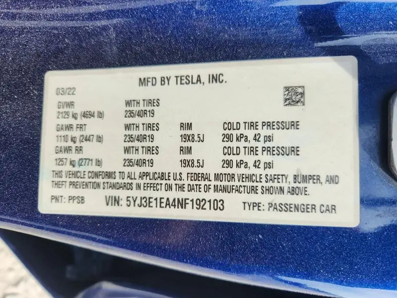 2022 TESLA MODEL 3   