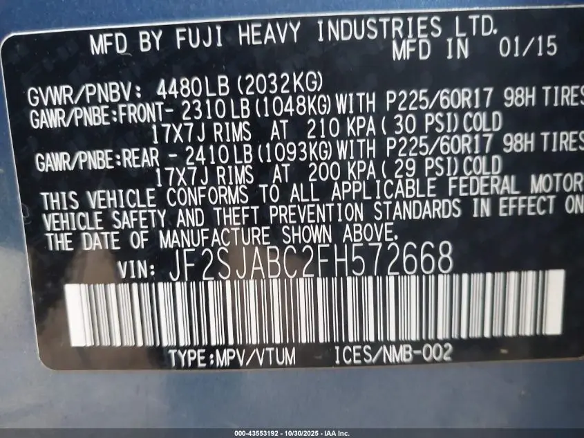 2015 SUBARU FORESTER 2.5I