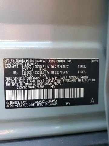 2019 TOYOTA RAV4 XLE  