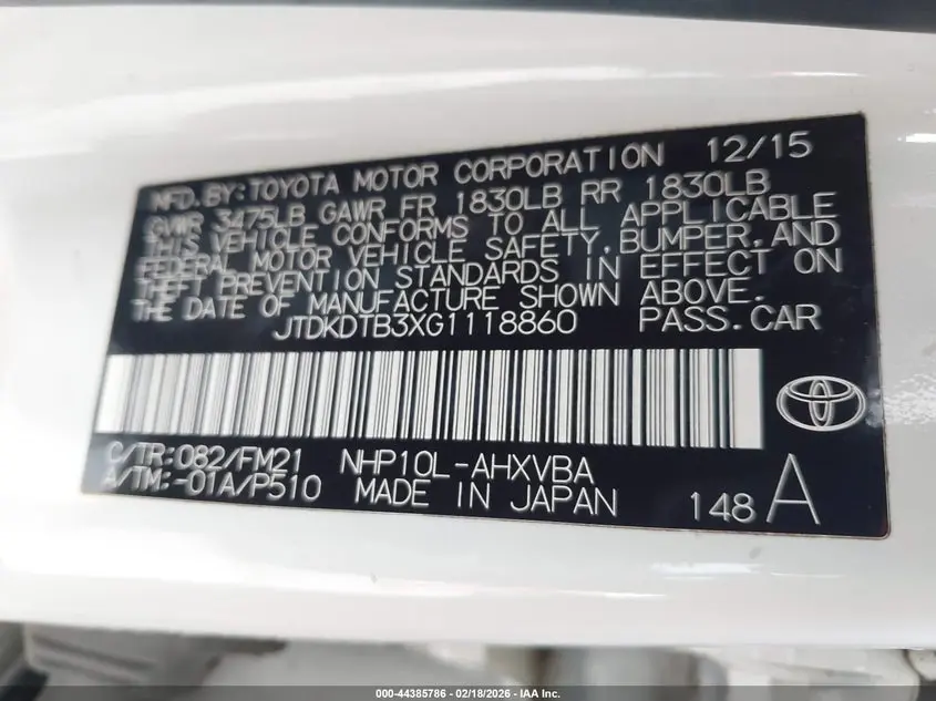 2016 TOYOTA PRIUS C TWO