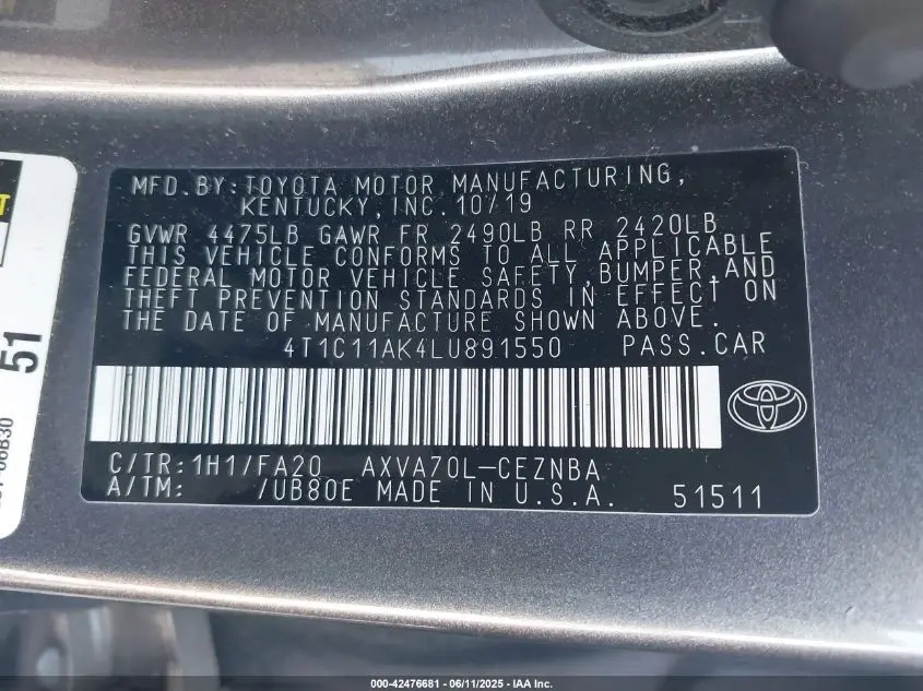 2020 TOYOTA CAMRY LE
