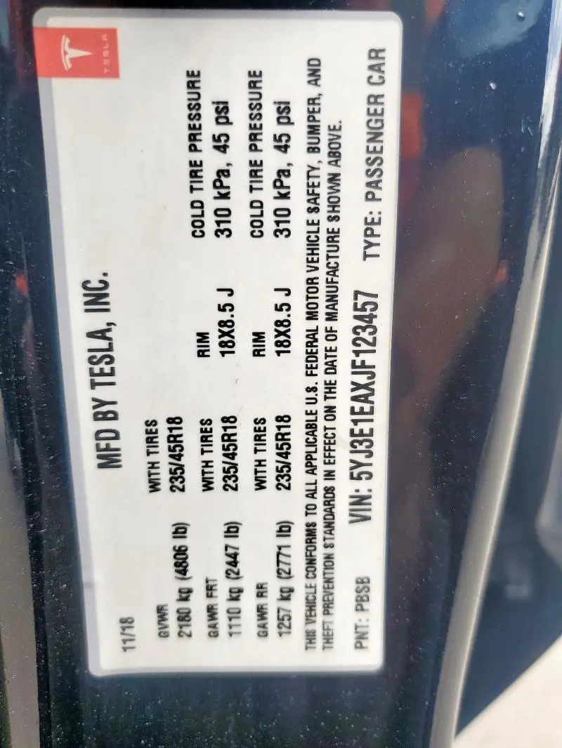 2018 TESLA MODEL 3   