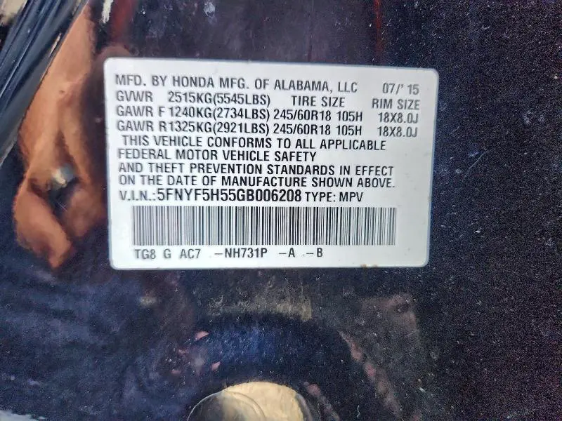 2016 HONDA PILOT EXL  