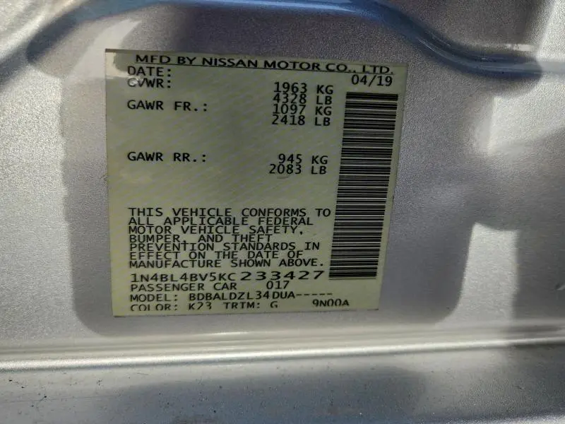 2019 NISSAN ALTIMA S  