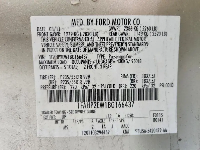 2011 FORD TAURUS SEL  