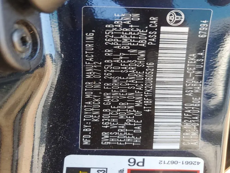 2012 TOYOTA CAMRY L  