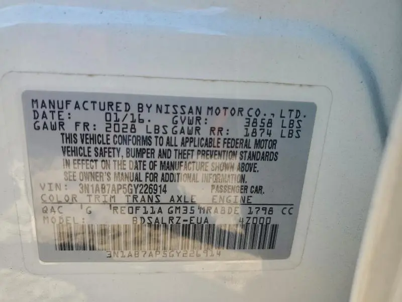 2016 NISSAN SENTRA S  