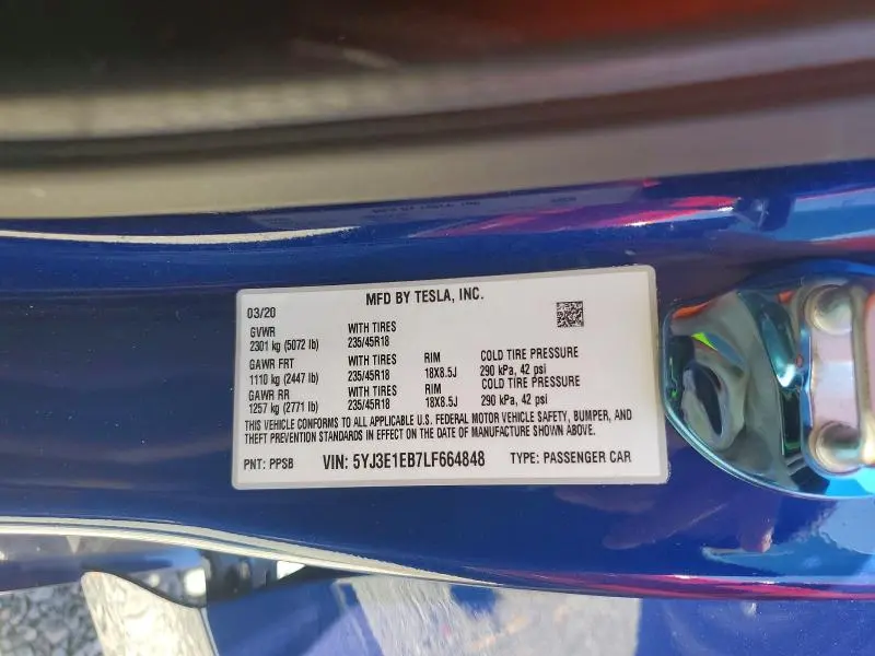 2020 TESLA MODEL 3   
