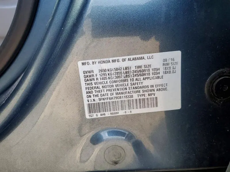 2016 HONDA PILOT EXLN  