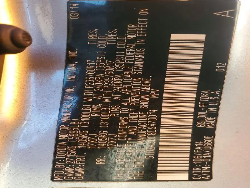 2014 TOYOTA SIENNA L 7-PASSENGER  