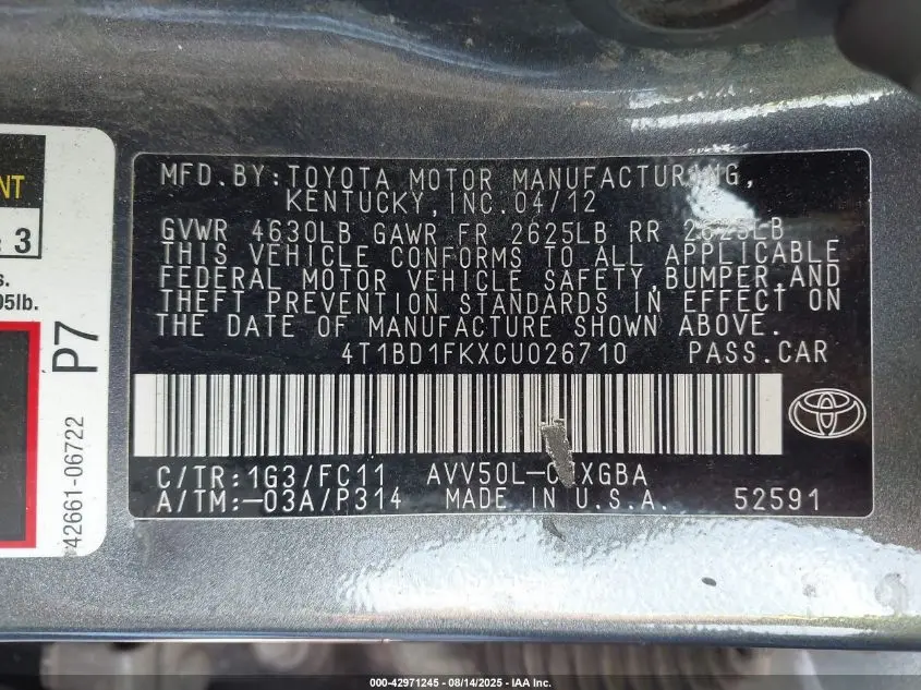 2012 TOYOTA CAMRY HYBRID XLE