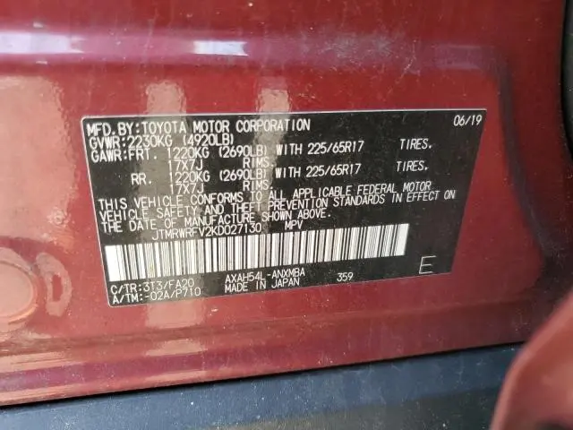 2019 TOYOTA RAV4 XLE  