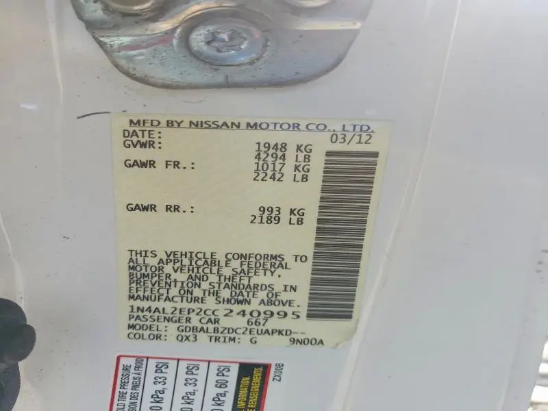 2012 NISSAN ALTIMA S  