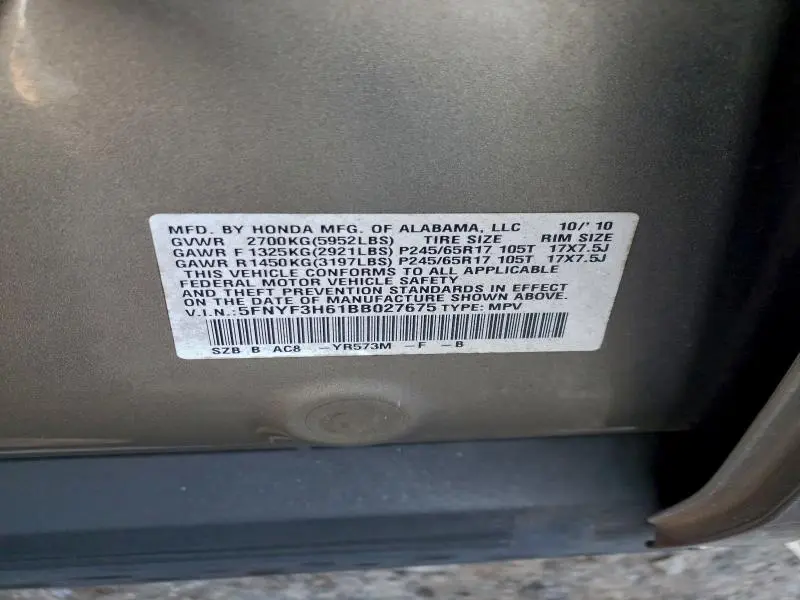 2011 HONDA PILOT EXL  