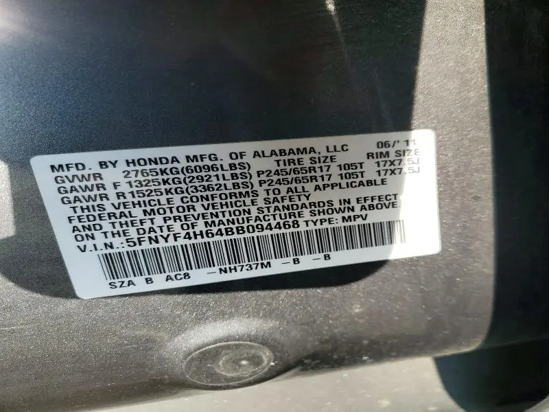 2011 HONDA PILOT EXL  