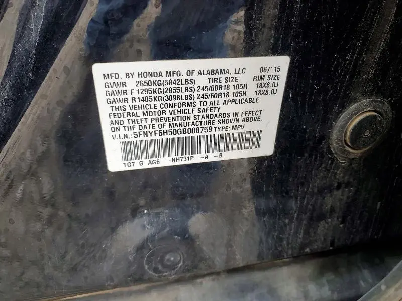 2016 HONDA PILOT EXL  