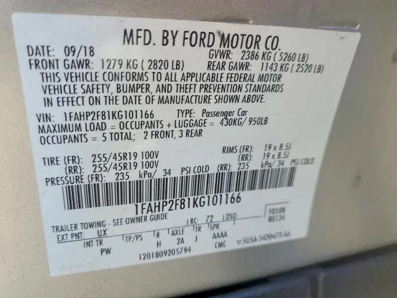 2019 FORD TAURUS LIMITED  