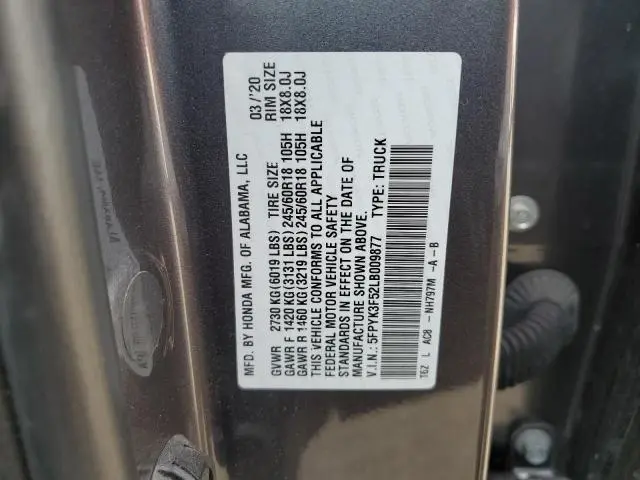2020 HONDA RIDGELINE RTL  